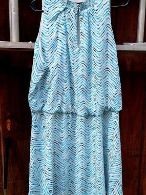 White House Black Market Aqua and White Chevron Midi Dress